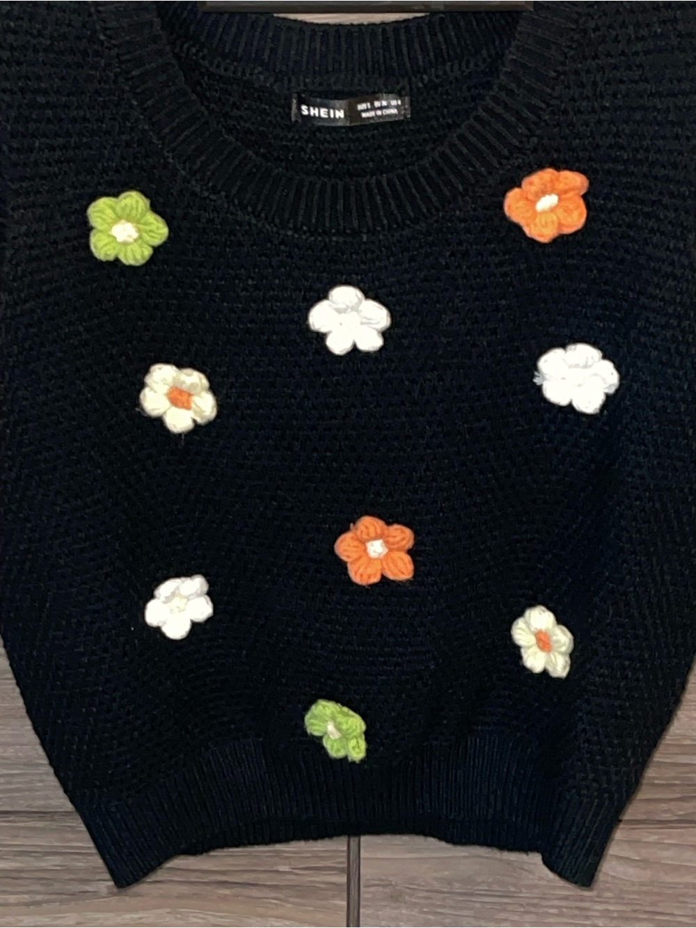SHEIN Black Knit Vest with Colorful Crochet Flowers